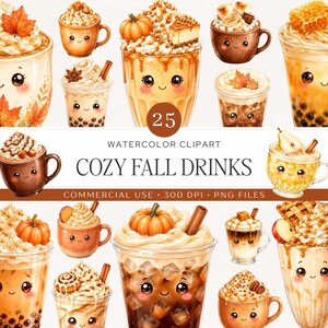 Kawaii Autumn Clipart | 25 Cozy Fall Beverage PNG | Cute Watercolor Pumpkin Spice Latte, Bubble Tea, Hot Cocoa, Cafe Drinks | Commercial Use