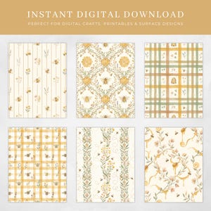 Six watercolor honey bee seamless patterns displayed as digital paper sheets on a grey background, featuring pinstripe, damask, plaid, gingham, botanical stripe, and honey drip designs in warm cream and gold tones.