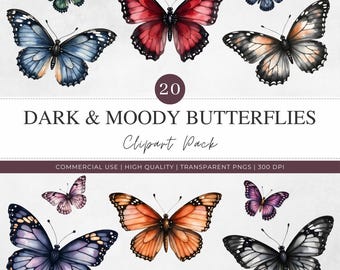 Dark Butterfly Clipart | Moody Watercolor PNGs, Gothic Stickers (Digital Download)