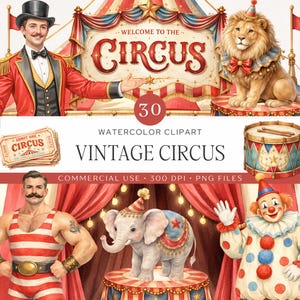 Vintage Carnaval Clipart | 30 Aquarel Vintage Circus PNG | Circusdieren, Tent, Clown | Circus Verjaardagsfeestje Afbeeldingen | Commercieel gebruik