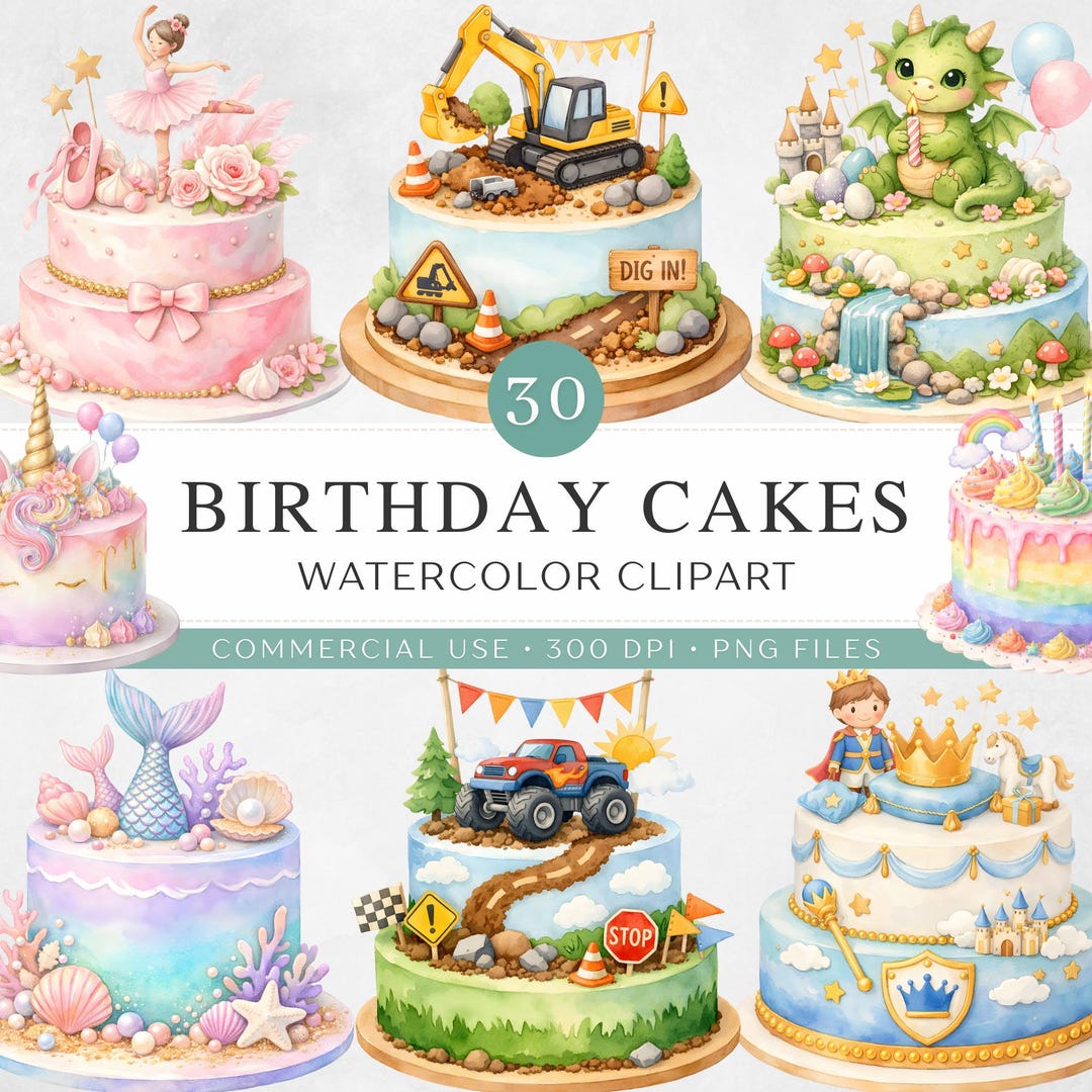 Birthday Cake Clipart Bundle PNG | 30 Watercolor Party Cakes | Kids ...