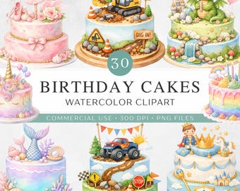 Paquete de imágenes prediseñadas de pastel de cumpleaños PNG / 30 pasteles de acuarela para fiestas / Imprimibles para fiestas de cumpleaños infantiles / Uso comercial / Descarga digital