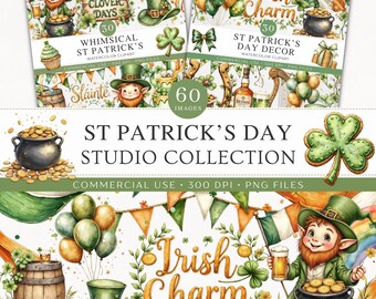 Paquete de imágenes prediseñadas del Día de San Patricio / 60 imágenes PNG irlandesas en acuarela / Decoración de duendes, trébol verde y dorado / Uso comercial