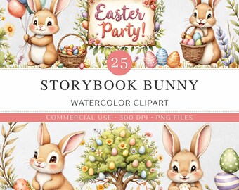 Imágenes prediseñadas de Pascua con conejitos de cuento en acuarela, conejitos y huevos en tonos pastel en formato PNG, ilustraciones primaverales caprichosas, descarga digital, uso comercial.