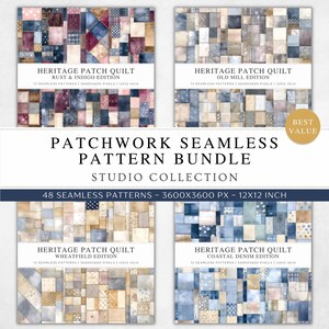May include: A digital art bundle showcasing four patchwork quilt designs in diverse colour palettes. Each design presents a collection of seamless patterns, with the text "Heritage Patch Quilt" and edition names such as "Rust & Indigo" and "Coastal Denim". The bundle includes 48 patterns, each 30.48cm x 30.48cm.