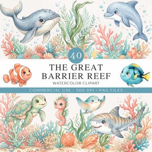 May include: A watercolour clipart set depicting marine life from the Great Barrier Reef. The image includes a whale, dolphin, clownfish, sea turtle, seahorse, stingray, and shark, plus coral and seaweed. Text reads "The Great Barrier Reef Watercolor Clipart".