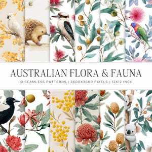 Australian Flora Fauna Seamless Patterns | 12 Watercolor Native Wildlife Botanical JPG | Koala Waratah Wattle Eucalyptus | Commercial Use