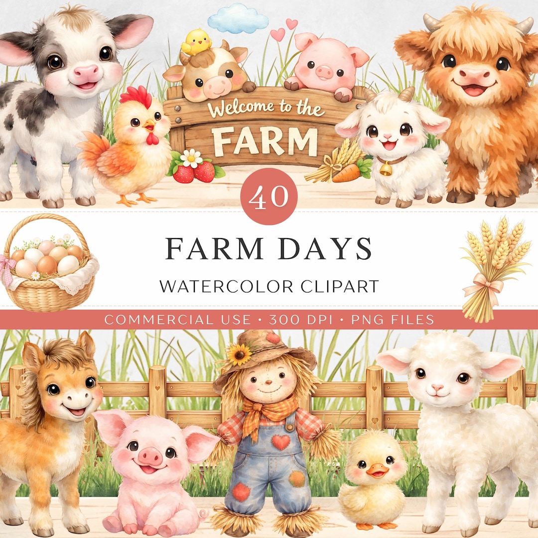 Cute Farm Watercolor Clipart | 40 Baby Animals & Element PNG | Cottage ...