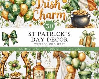 Imágenes prediseñadas de acuarela para el Día de San Patricio / 30 imágenes PNG de decoración con temática irlandesa / Arpa, herradura y olla de oro / Verde celta, dorado / Uso comercial