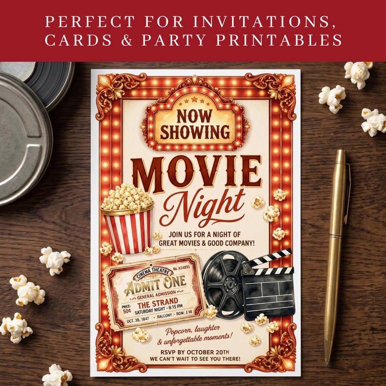 Hollywood Movie Night Clipart used in a movie night party invitation design featuring the marquee lights frame, popcorn bucket, admit one ticket, and film reel clapperboard PNG elements. Invitation styled on a dark timber surface with scattered popcorn, film reel canister, and gold pen. Demonstrates use for movie night invitations, party printables, and cards.