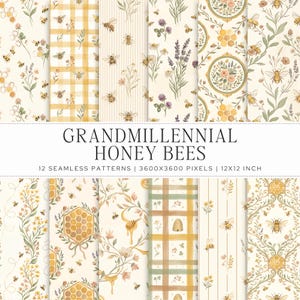 Honey Bee Seamless Patterns | 12 Grandmillennial Watercolor JPG | Wildflower, Honeycomb Digital Paper | Repeating Pattern | Commercial Use