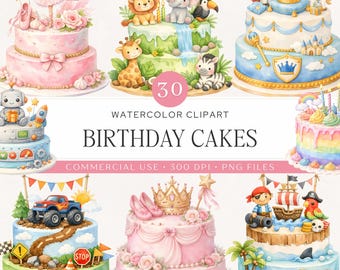 Imágenes prediseñadas de pasteles de cumpleaños / 30 pasteles de fiesta en acuarela PNG / Invitaciones de cumpleaños infantiles imprimibles / Fiestas temáticas para niños y niñas / Uso comercial