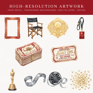 High-resolution artwork grid showing 10 Hollywood Movie Night Clipart PNG designs including marquee lights frame, director's chair, gold art deco ornament, VIP lanyard, stack of cinema tickets tied with gold ribbon, admit one vintage ticket, gold award statuette, film strip, film reel, and scattered popcorn. Crisp watercolor detail, transparent backgrounds, 300 DPI.