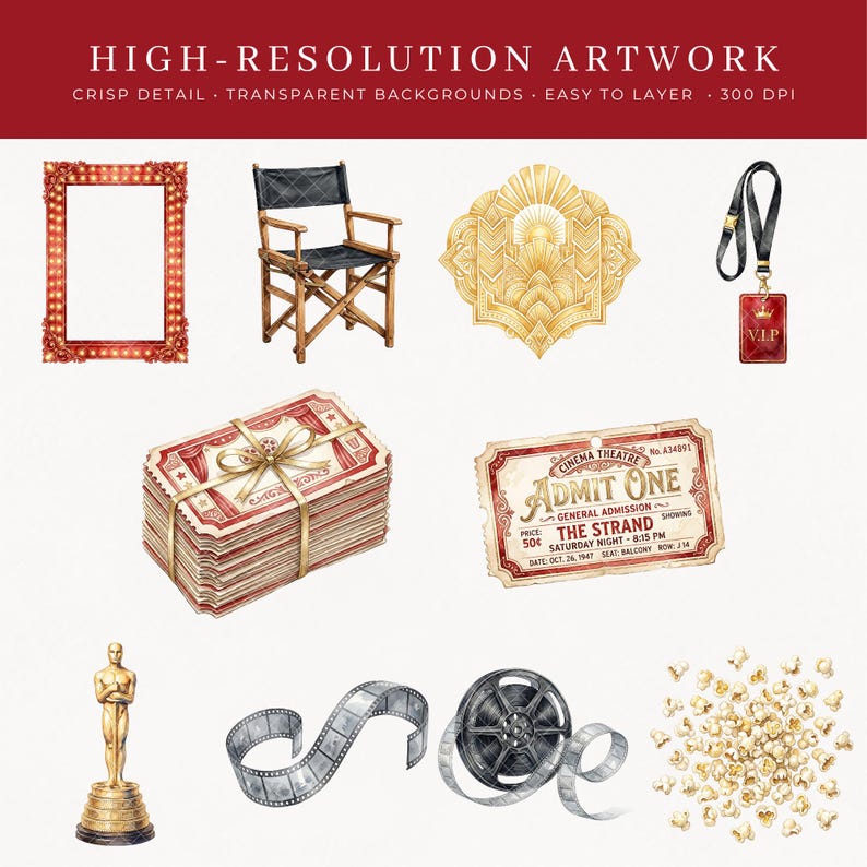 High-resolution artwork grid showing 10 Hollywood Movie Night Clipart PNG designs including marquee lights frame, director's chair, gold art deco ornament, VIP lanyard, stack of cinema tickets tied with gold ribbon, admit one vintage ticket, gold award statuette, film strip, film reel, and scattered popcorn. Crisp watercolor detail, transparent backgrounds, 300 DPI.