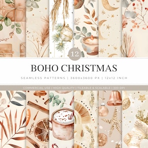 May include: A set of 12 "Boho Christmas" seamless patterns. The designs include watercolour illustrations of Christmas ornaments, pampas grass, candles, and other festive elements. The patterns are 30.48 x 30.48 cm and suitable for commercial use.