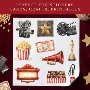 Hollywood Movie Night Clipart PNG designs displayed as die-cut stickers on a white sticker sheet, styled on a deep red velvet surface with gold star confetti, vintage cinema tickets, popcorn kernels, and film strip. Shows vintage film camera, Hollywood star, film reel clapperboard, popcorn bucket, admit one ticket, megaphone, gold award statuette, cinema marquee, chocolate box, and VIP lanyard designs.