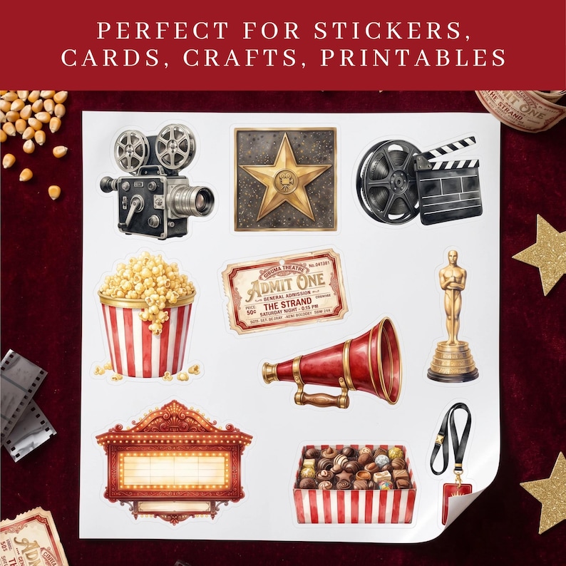 Hollywood Movie Night Clipart PNG designs displayed as die-cut stickers on a white sticker sheet, styled on a deep red velvet surface with gold star confetti, vintage cinema tickets, popcorn kernels, and film strip. Shows vintage film camera, Hollywood star, film reel clapperboard, popcorn bucket, admit one ticket, megaphone, gold award statuette, cinema marquee, chocolate box, and VIP lanyard designs.
