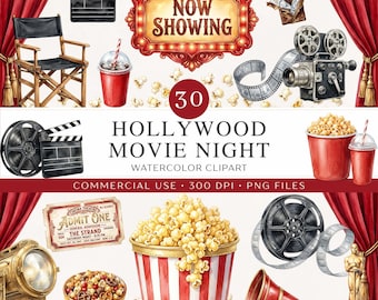 Imágenes prediseñadas de noche de cine de Hollywood / 30 imágenes PNG de cine en acuarela / Premios VIP en la alfombra roja / Glamour del viejo Hollywood / Uso comercial (descarga digital)