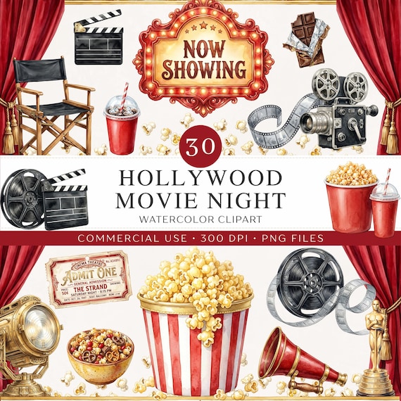 Hollywood Movie Night Clipart | 30 Watercolor Cinema PNG | VIP Red Carpet Awards | Old Hollywood Glamour | Commercial Use (Digital Download)