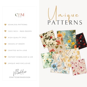 Crafted by Maddison shop information slide listing product details including seamless patterns, 12x12 inch size, 300 DPI, high quality JPGs, instant download, and commercial use, with the CBM logo and Maddie signature.