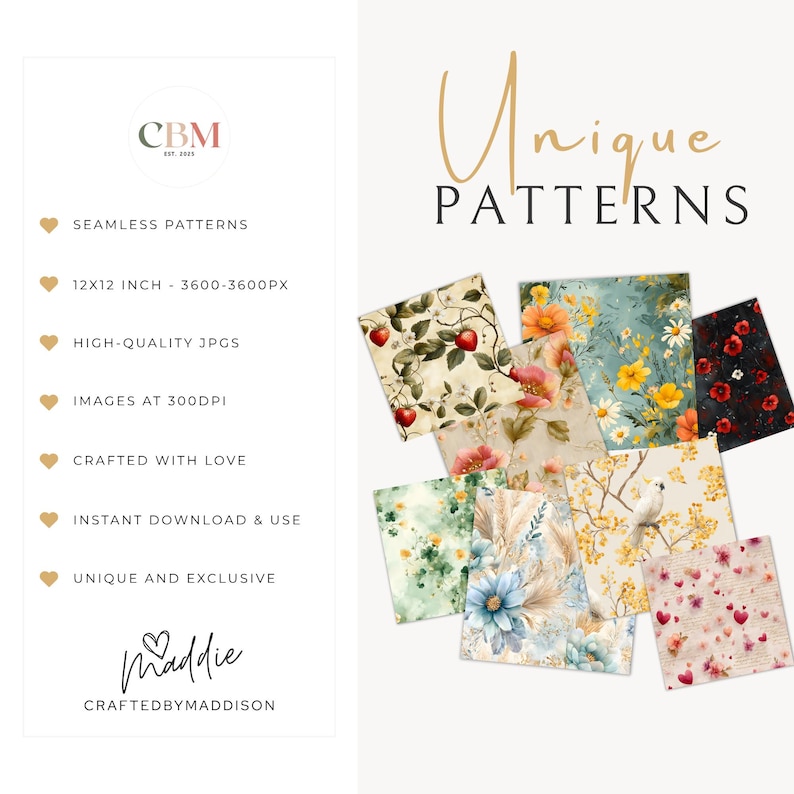 Crafted by Maddison shop information slide listing product details including seamless patterns, 12x12 inch size, 300 DPI, high quality JPGs, instant download, and commercial use, with the CBM logo and Maddie signature.