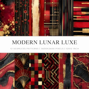 Red Black Gold Digital Papers | 12 Lunar New Year Seamless Patterns JPG | Geometric Abstract Art Deco Luxury Design | Commercial Use