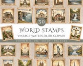 Vintage World Travel Stamps Clipart | 30 Watercolor Antique Postage Stamp PNG | Junk Journal Ephemera | Travel Scrapbook | Commercial Use