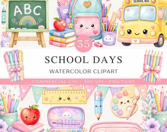 Imágenes prediseñadas escolares Kawaii / 35 lindos útiles escolares en acuarela pastel PNG / Imágenes prediseñadas de regreso a clases, recursos para maestros / Uso comercial