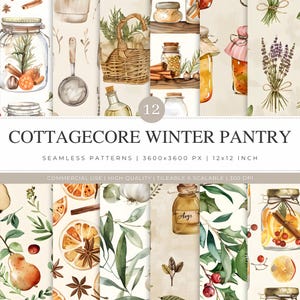 Peut inclure: Ensemble de 12 motifs sans couture sur le thème du garde-manger d'hiver cottagecore. Les motifs présentent des illustrations à l'aquarelle de bocaux, d'épices, d'herbes et de fruits. Le texte "COTTAGECORE WINTER PANTRY" est affiché. Les motifs mesurent 30,48 x 30,48 cm.