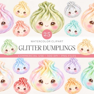 Könnte beinhalten: Eine Sammlung von 25 Aquarell-Cliparts glitzernder Teigtaschen in verschiedenen Pastellfarben, jede mit einem lächelnden Gesicht, großen dunklen Augen und rosa Wangen. Der Text lautet 25 WATERCOLOR CLIPART GLITTER DUMPLINGS COMMERCIAL USE 300 DPI PNG FILES.