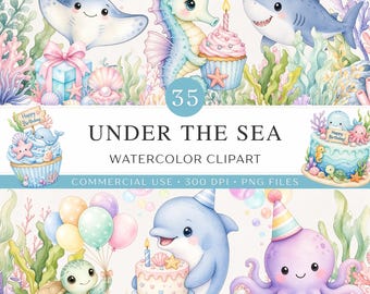Imágenes prediseñadas de cumpleaños bajo el mar / 35 imágenes PNG de cumpleaños oceánicos en acuarela / Criaturas marinas adorables, animales bebés / Invitaciones para fiestas / Uso comercial