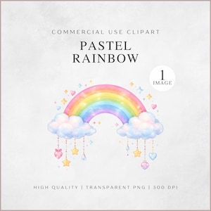 May include: A watercolor illustration of a pastel rainbow with fluffy clouds, stars, and hearts. The image includes the text "PASTEL RAINBOW" and "COMMERCIAL USE CLIPART". The image is labeled as "1 IMAGE" and states "HIGH QUALITY | TRANSPARENT PNG | 300 DPI".