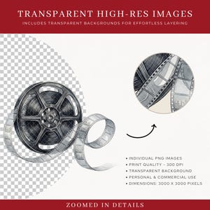 Transparent background detail mockup for Hollywood Movie Night Clipart showing a vintage film reel with unspooling film strip on a checkered transparent background. Zoomed inset highlights crisp watercolor detail of the film strip perforations. Individual PNG images, 300 DPI print quality, 3000x3000 pixels, transparent background, personal and commercial use included.