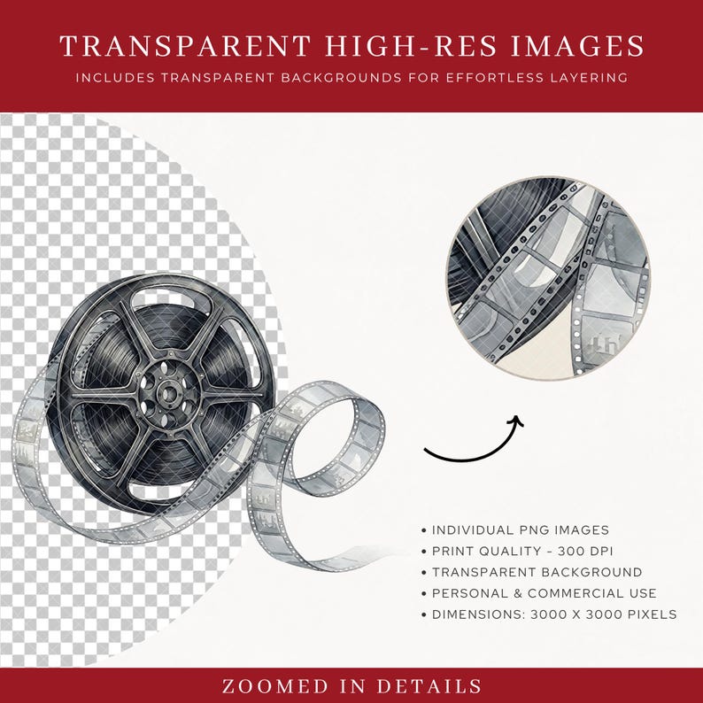 Transparent background detail mockup for Hollywood Movie Night Clipart showing a vintage film reel with unspooling film strip on a checkered transparent background. Zoomed inset highlights crisp watercolor detail of the film strip perforations. Individual PNG images, 300 DPI print quality, 3000x3000 pixels, transparent background, personal and commercial use included.