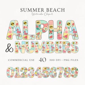 Può includere: Un set grafico digitale intitolato SUMMER BEACH Watercolor Clipart che presenta le lettere ALPHA & NUMBERS e le cifre 0-9. Ogni carattere è riempito con un motivo colorato di soli, fenicotteri, angurie e ombrelloni da spiaggia su sfondi a quadretti.