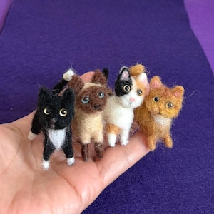 May include: Four miniature needle-felted cat figurines. The first is black with a white chest and paws. The second is a brown and tan Siamese-style cat. The third is a white, black, and orange calico. The fourth is a solid orange tabby cat.