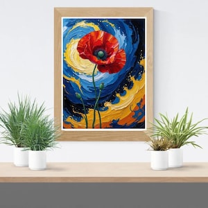 Póster de Amapola Roja y Cielo Estrellado: Arte mural floral inspirado en Van Gogh, impresión digital impresionista audaz, relación de aspecto 4:5, descarga instantánea