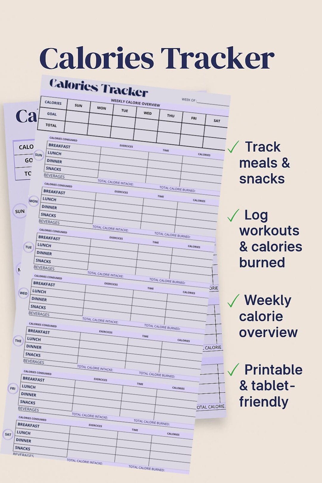 Calories Tracker – Printable Weekly Log for Food & Exercise – A4 PDF ...