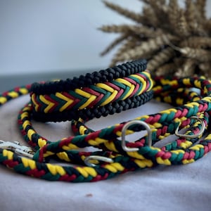 Puede incluir: Un juego de collar y correa para perros negros con un diseño trenzado. El collar y la correa presentan un patrón de amarillo, rojo y verde entrelazados con negro. La correa tiene un cierre y un anillo de metal.