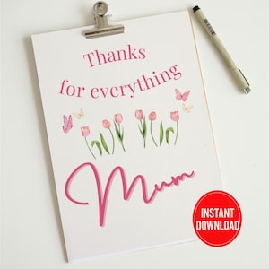 Muttertagskarte zum Ausdrucken - Danke für alles Mama - Faltbare Grußkarte - Sofort Download - Geschenk für Mama