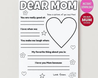 Puede incluir: Una tarjeta imprimible en blanco para rellenar, estilo Querida Mamá, con un gran corazón, flores y estrellas. La tarjeta incluye indicaciones como «Eres muy buena en» y «Te quiero, mamá, porque». Incluye pegatinas de «Descarga instantánea».