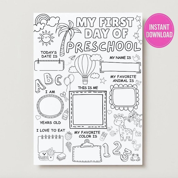First Day of Preschool Coloring Page - All About Me Worksheet Printable - Back to School Activity - 8.5x11 PDF - Instant Digital Download