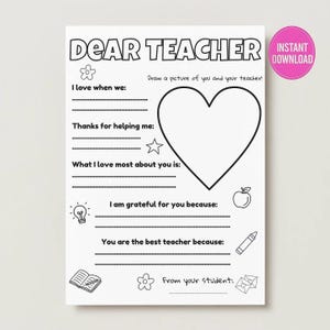 Thank you Teacher Worksheet - End of School Year Keepsake - Activity Sheets - Kindergarten PDF