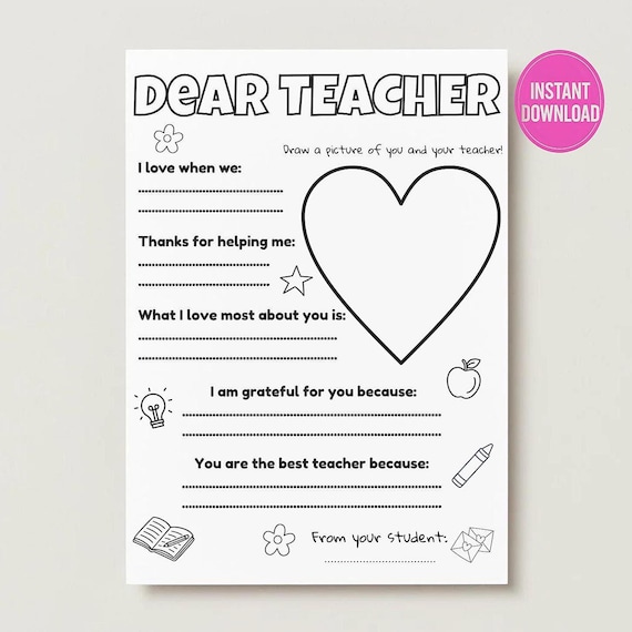 Thank you Teacher Worksheet - End of School Year Keepsake - Activity Sheets - Kindergarten PDF