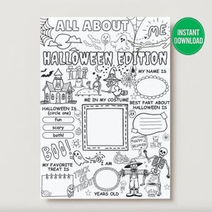 May include: Black and white Halloween-themed printable activity sheet. The sheet includes areas to write about Halloween, such as "My Name Is," "Me in My Costume," and "My Favorite Treat Is." Includes the text "Instant Download."