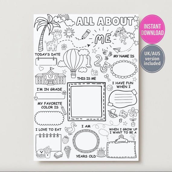 All About Me Worksheet Printable – First Day of School Coloring Page – Kids Classroom Activity