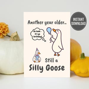 May include: A birthday card with a cartoon goose holding a balloon. The card reads "Another year older... Still a Silly Goose." A speech bubble says "Go honk - it's ya birthday!" and has an "Instant Download" sticker.