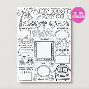First Day of Second Grade Coloring Page - All About Me Worksheet Printable - Back to School Activity - 8.5x11 PDF - Instant Digital Download
