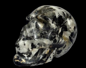 Hand Carved Tourmalinated Quartz Crystal Skull, Black Tourmaline Inclusions, Grounding Collector Display Piece