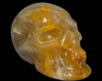 Hand Carved Golden Rose Quartz Crystal Skull, Iron Oxide, Meditation Piece